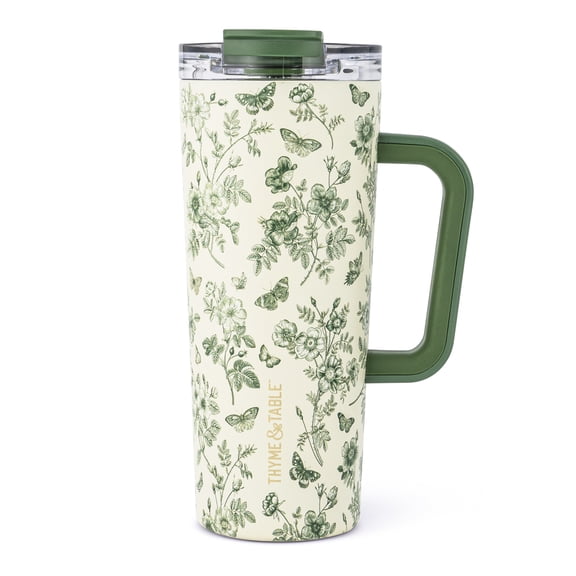 Thyme & Table 24oz Stainless Steel Luna Tumbler with Handle and Dual Straw Lid, Green Floral