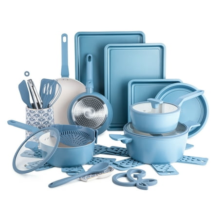 Thyme & Table 25-Piece Cookware & Bakeware Nonstick Set With Accessories, Dusty Blue