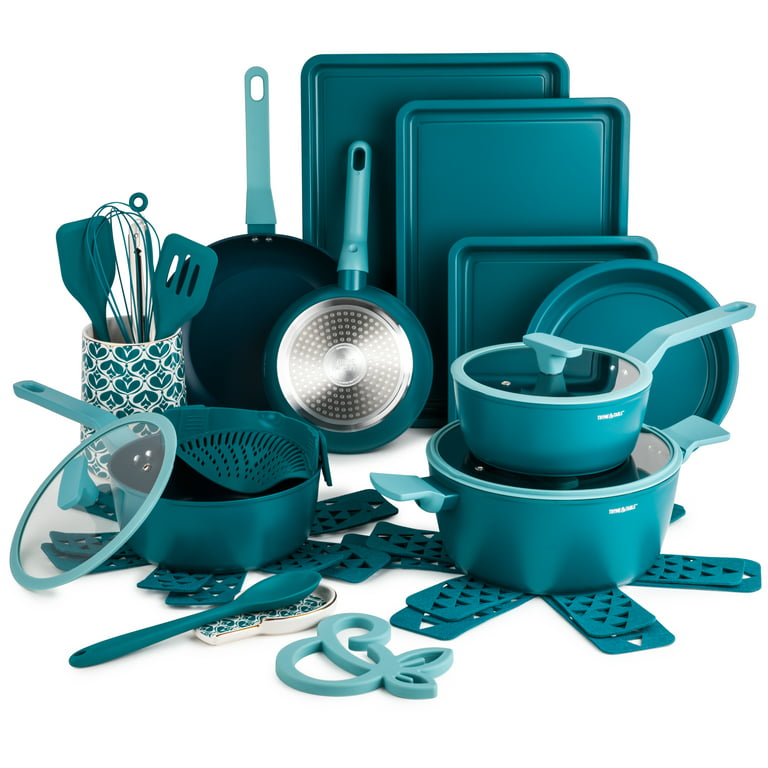 Teal Kitchen Utensils Set with Holder - 17PC Teal & Gold Cooking Utensils  for Nonstick Cookware Includes Gold Utensil Holder - Teal Kitchen