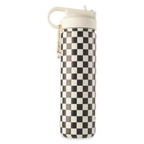 Thyme & Table 26 oz Water Bottle with Straw Lid, Cream & Black Check with Cowgirl Gold Charm