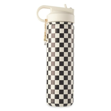 Thyme & Table 26 oz Water Bottle with Straw Lid, Cream & Black Check with Cowgirl Gold Charm