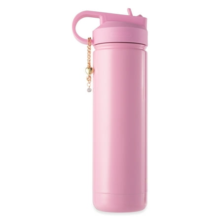 Thyme & Table 26 fl oz Water Bottle with Straw Lid, Pink with Heart Gold Charm