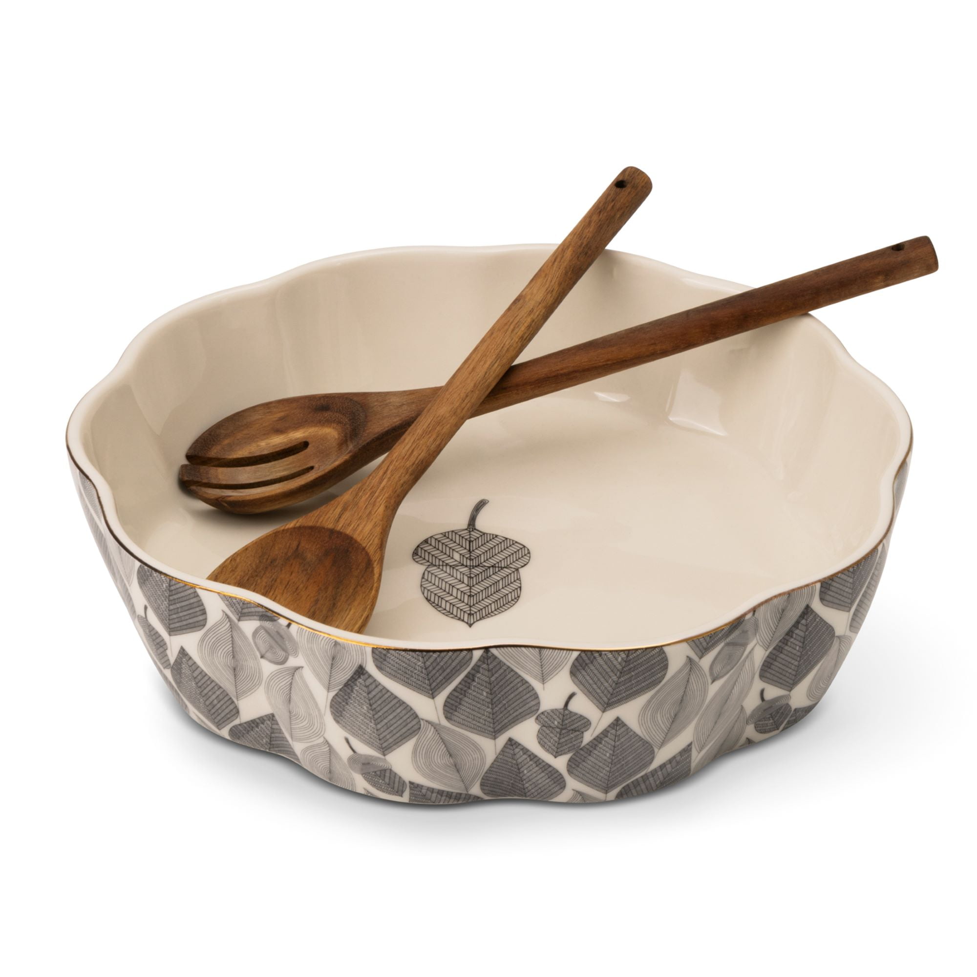 Thyme & Table 3-Piece Serving Bowl with Wooden Serving Spoon and Fork