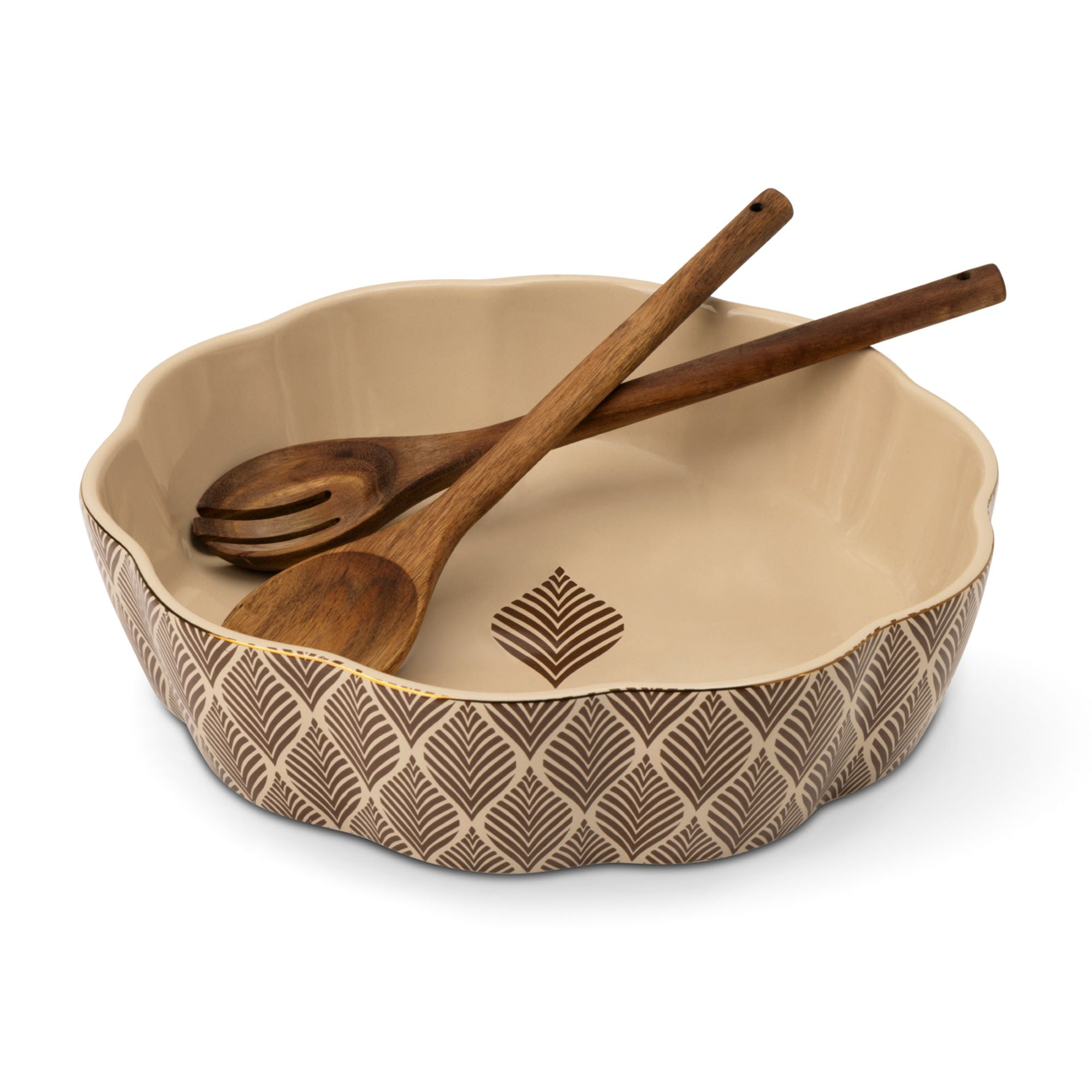 Thyme & Table 3-Piece Serving Bowl with Wooden Serving Spoon and Fork, Ocee Leaf - Walmart.com