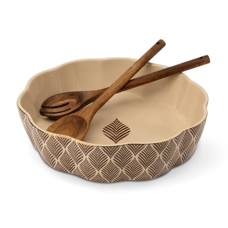 Thyme & Table 3-Piece Serving Bowl with Wooden Serving Spoon and Fork, Ocee Leaf