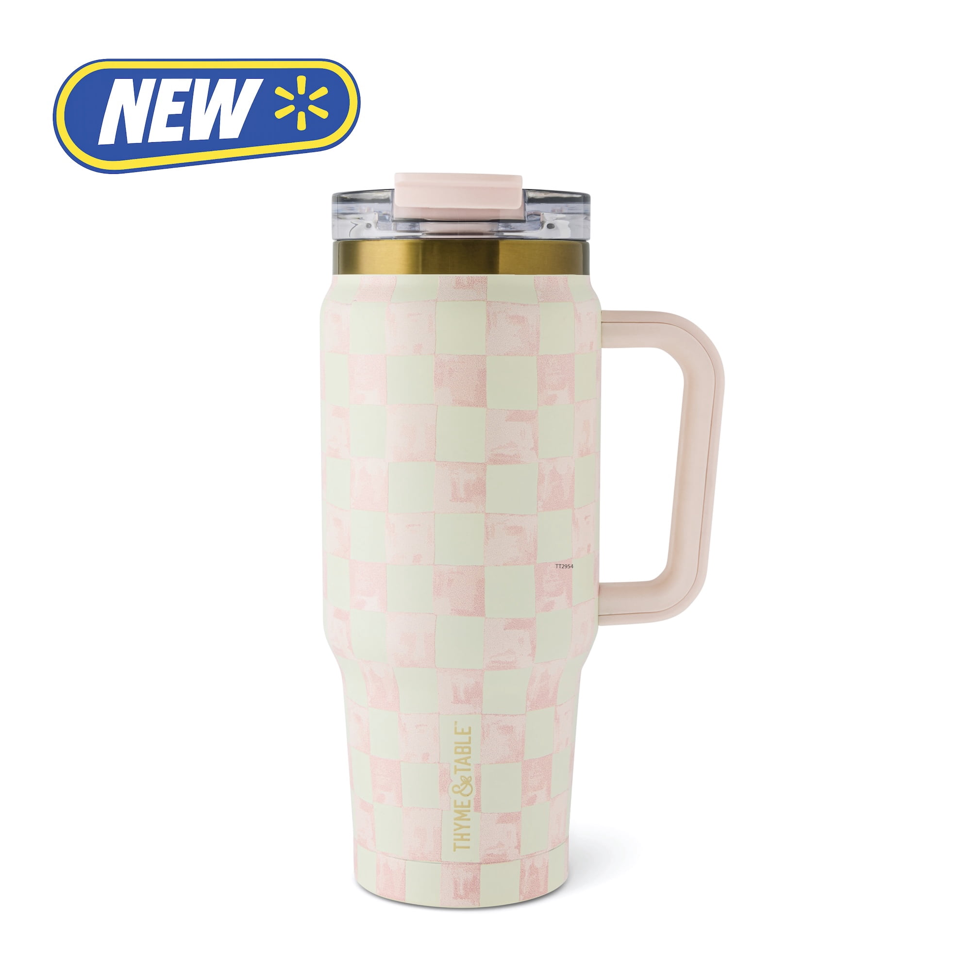 Thyme & Table Luna Tumbler, 32 oz, Stainless Steel, Handle, Dual Straw Lid, Blossom Check