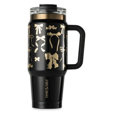 Thyme & Table 32oz Tumbler with Handle, Dual Straw Lid, Stainless Steel Double Wall Insulated, Black & Gold Bows