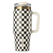 Thyme & Table Luna 32 fl oz Stainless Steel Tumbler with Handle and Dual Straw Lid, Cream & Black Check