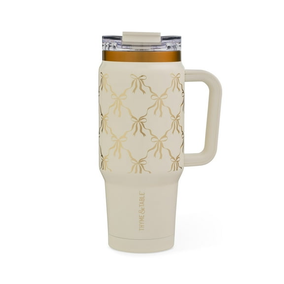 Thyme & Table 32oz Stainless Steel Luna Tumbler with Handle and Dual Straw Lid, Cream Bow