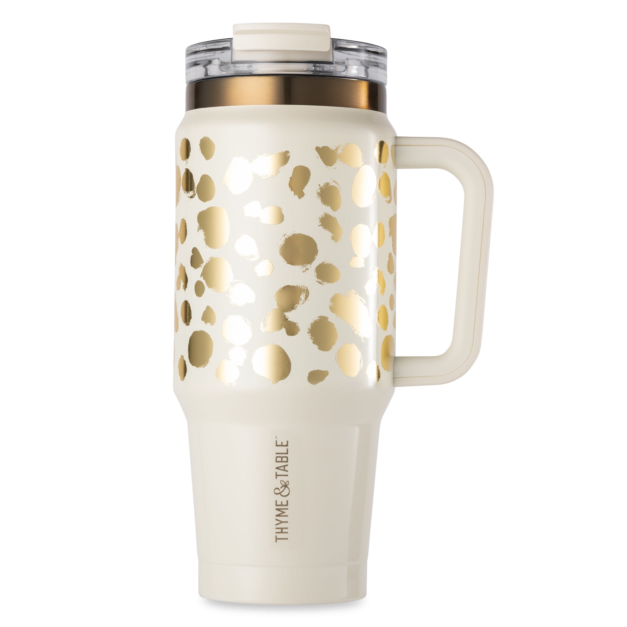 Thyme & Table 32 fl oz Stainless Steel Luna Tumbler with Handle and Dual Straw Lid, Cream & Gold Dot