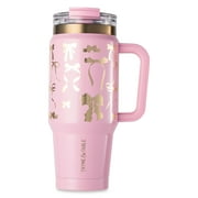 Thyme & Table 32 fl oz Stainless Steel Luna Tumbler with Handle and Dual Straw Lid, Pink & Gold Bows
