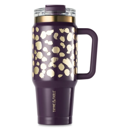 Thyme & Table 32 fl oz Stainless Steel Luna Tumbler with Handle and Dual Straw Lid, Purple & Gold Dot