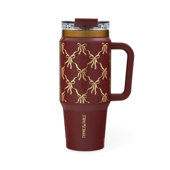 Thyme & Table 32 fl oz Stainless Steel Luna Tumbler with Handle and Dual Straw Lid, Red Bow