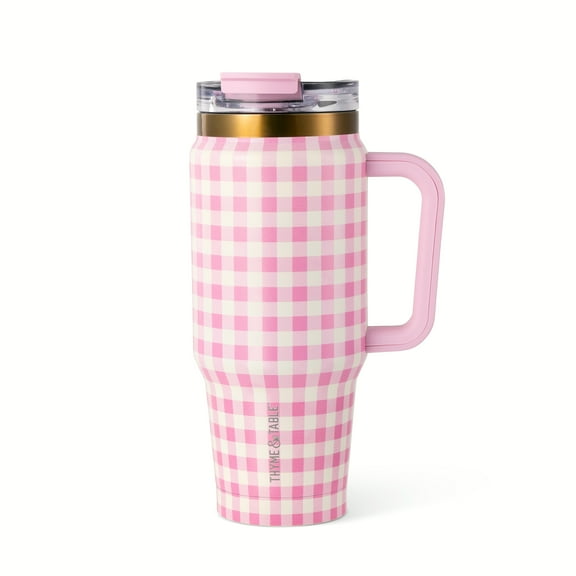 Thyme & Table 32 fl oz Stainless Steel Luna Tumbler with Handle and Dual Straw Lid, Pink Gingham