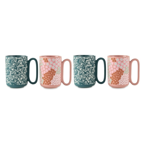 Thyme & Table 4 Pack Green Butterflies and Pink Flowers Mugs 19.6 fl oz, Soft Touch, Stoneware