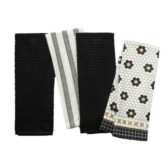 Thyme & Table Kitchen Towel Set 4-Pack Penny Tile Black Gold 16x28 ...