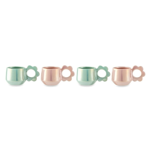 Thyme & Table 4 Pack Pink and Green Pearl with Flower Shaped Handle Mugs 13.5 fl oz, Stoneware