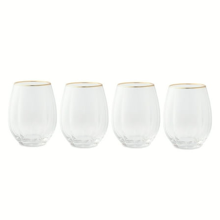 Thyme & Table Scalloped Stemless Wine Glasses with Gold Trim, Set of 4