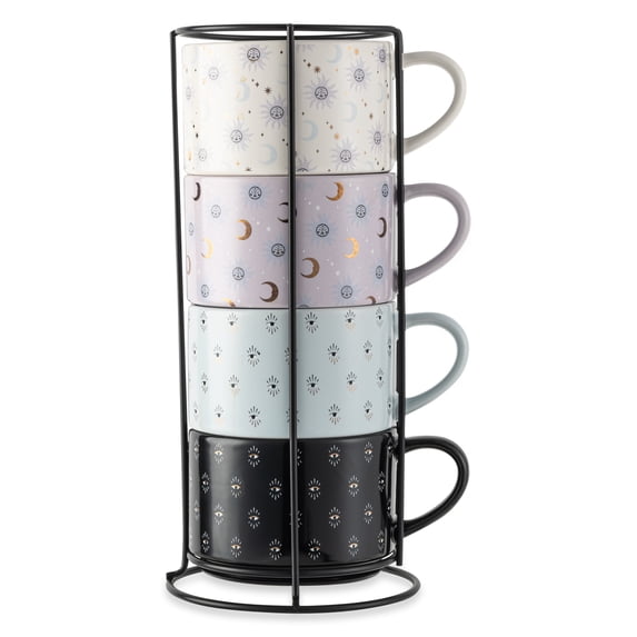 Thyme & Table Stacking Celestial Mugs with Metal Stand, 4 Pack, Assorted Colors, 11.1 fl oz, Stoneware