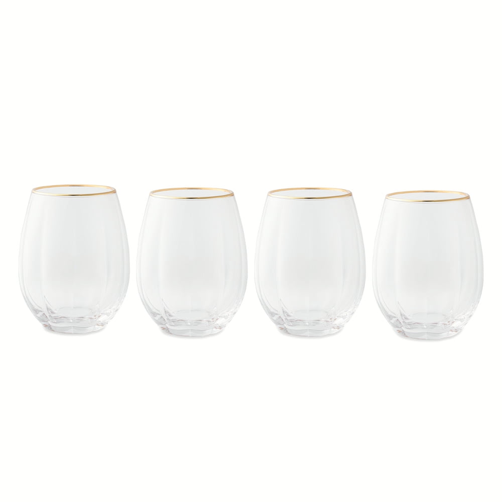 Gold Trim Scalloped Stemless Wine Glass Set, 4-Pack