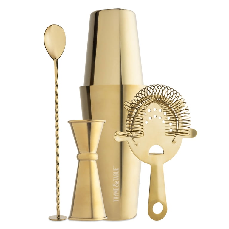 Thyme & Table Stainless Steel Gold Bar Tools Set of 4 with Shaker