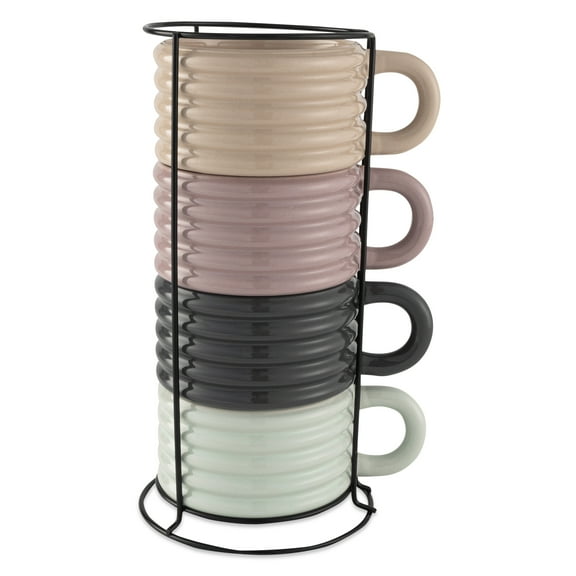 Thyme & Table 4-piece Ceramic Ribbed Stackable Mug Set with Rack, 12 fl oz