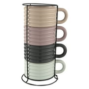 Thyme & Table 4-piece Ceramic Ribbed Stackable Mug Set with Rack, 12 fl oz