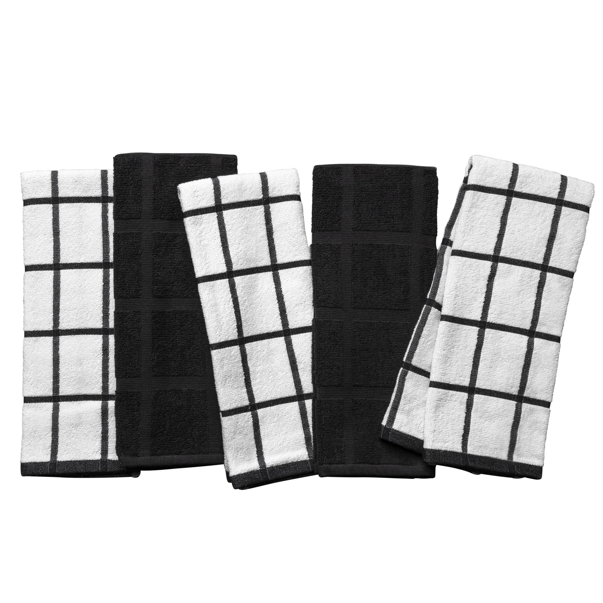 Thyme & Table Kitchen Towels, Black & White Windowpane, 5 Pack Set