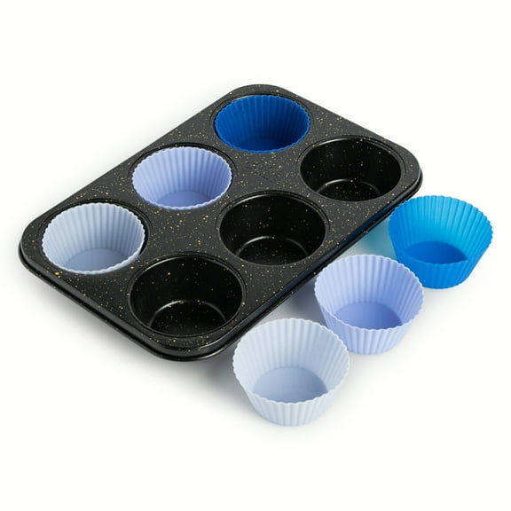 Thyme & Table 6 Cup Non-Stick Jumbo Muffin Pan, 6 Silicone Liners - Black