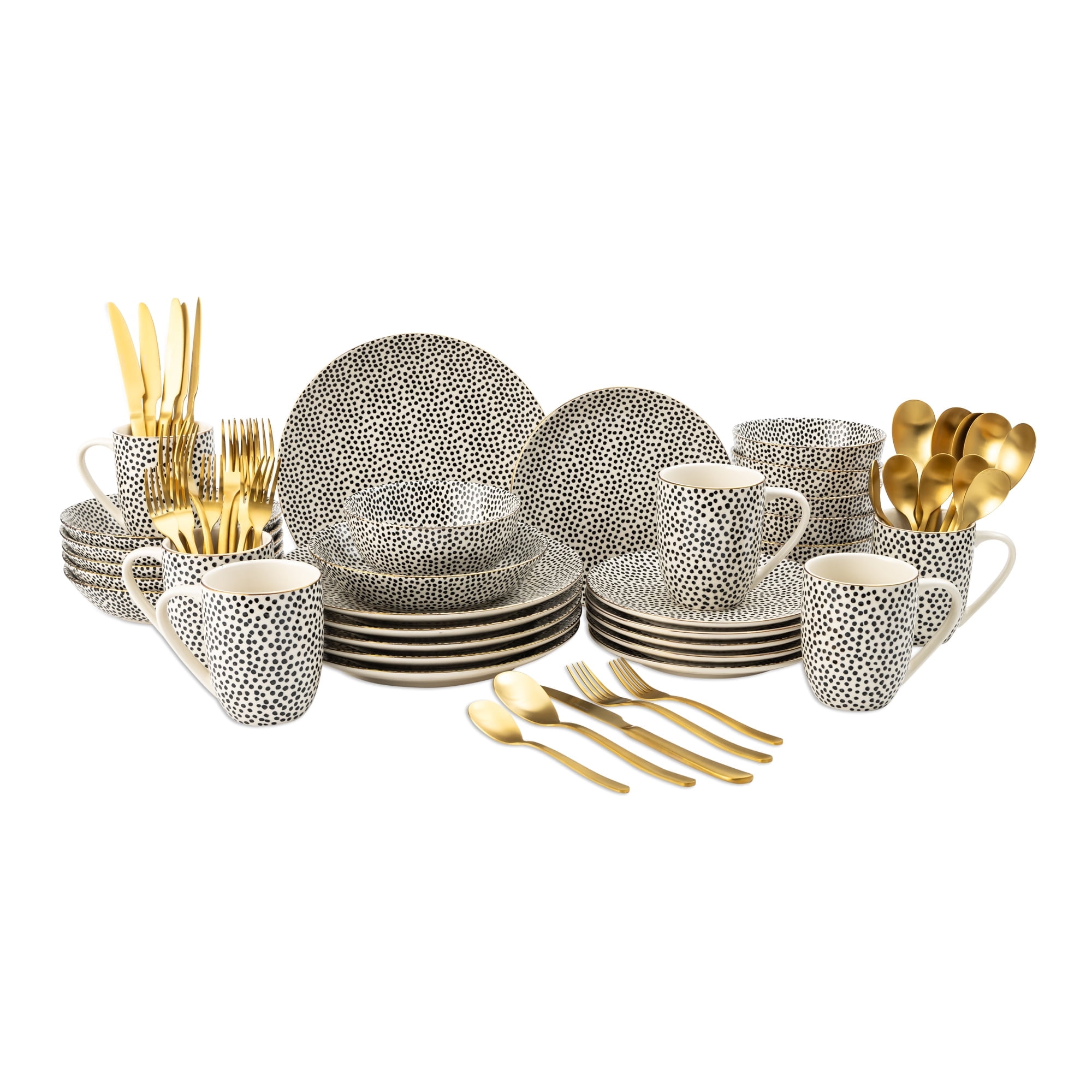 Thyme & Table 60-Piece Dot Dinnerware & Gold Flatware Set, Service for 6