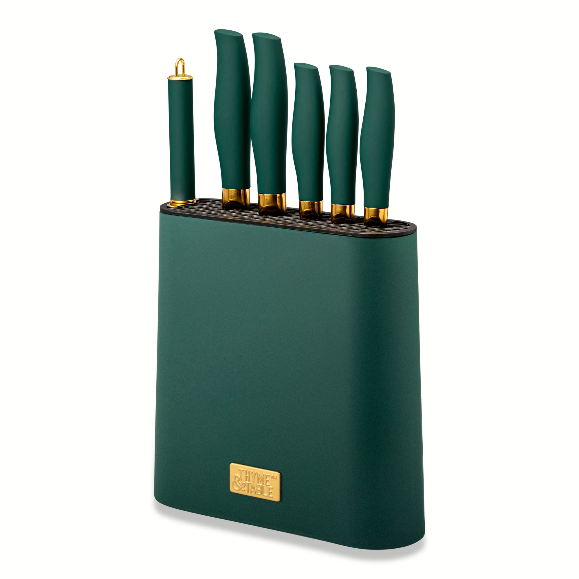 Thyme & Table 7-Piece Slim Block Knife Set - Green & Gold