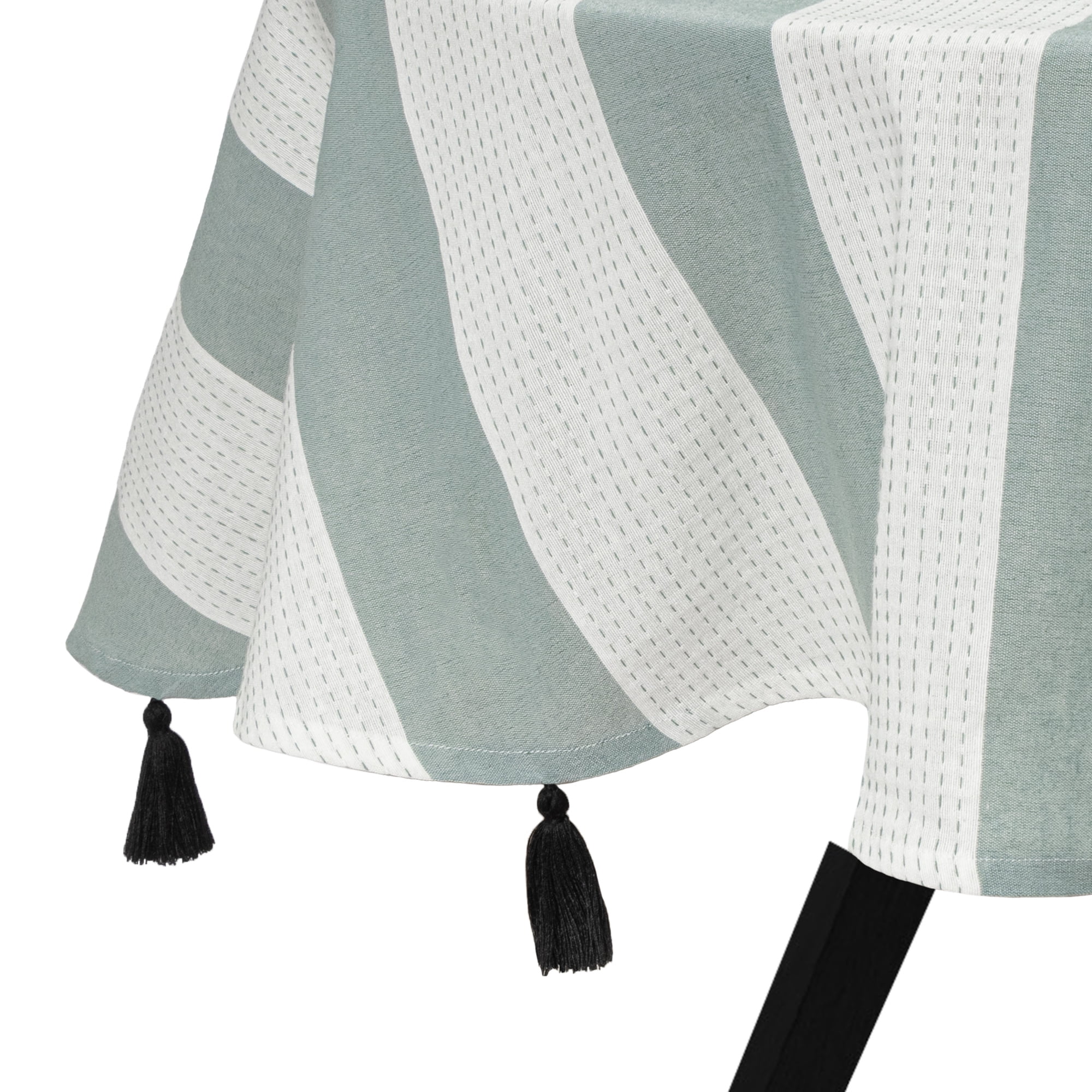Thyme & Table 70" Round Tablecloth, Green and White with Black Tassels
