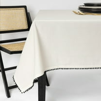 (4 pack) Thyme & Table 84" Rectangle Tablecloth, Ivory with Black Pom Pom Trim