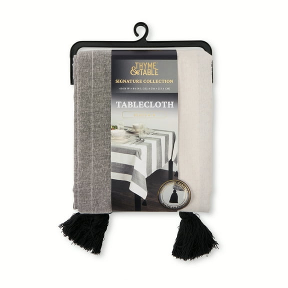 Thyme & Table 84" Rectangle Tablecloth, Tan and Black with Black Tassels