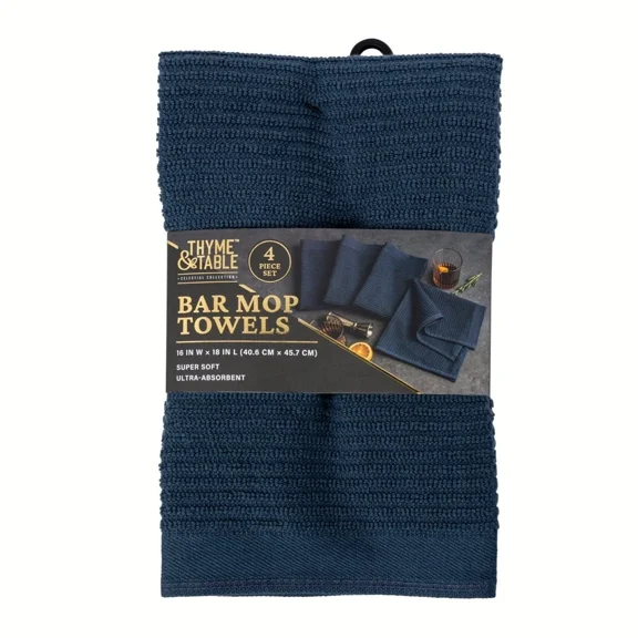 Thyme & Table Bar Mop Kitchen Towels, Navy, 4 Pack Set