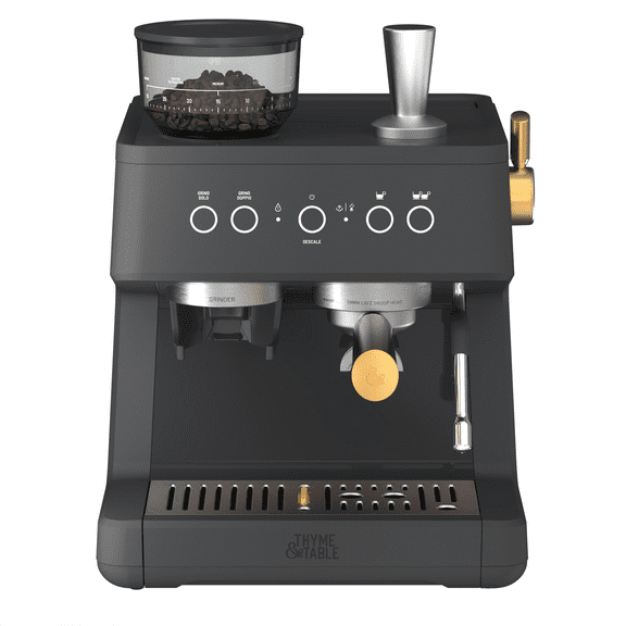 Thyme & Table Barista Grade Espresso Machine with 15-Bar Pressure, Conical Burr Grinder and Steam Wand, Slate Grey