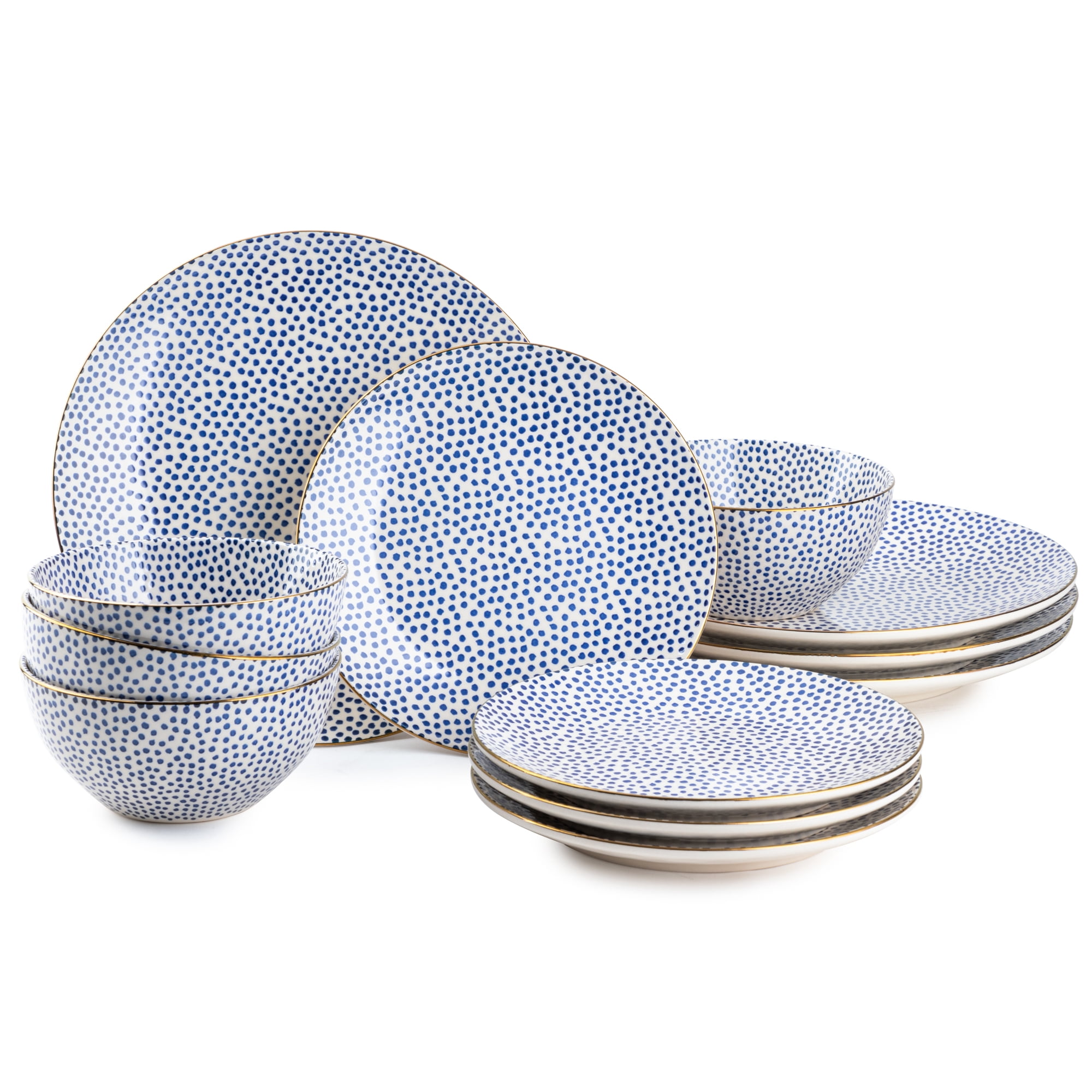 Thyme & Table Dot 12-Piece Ceramic Dinnerware Set Blue