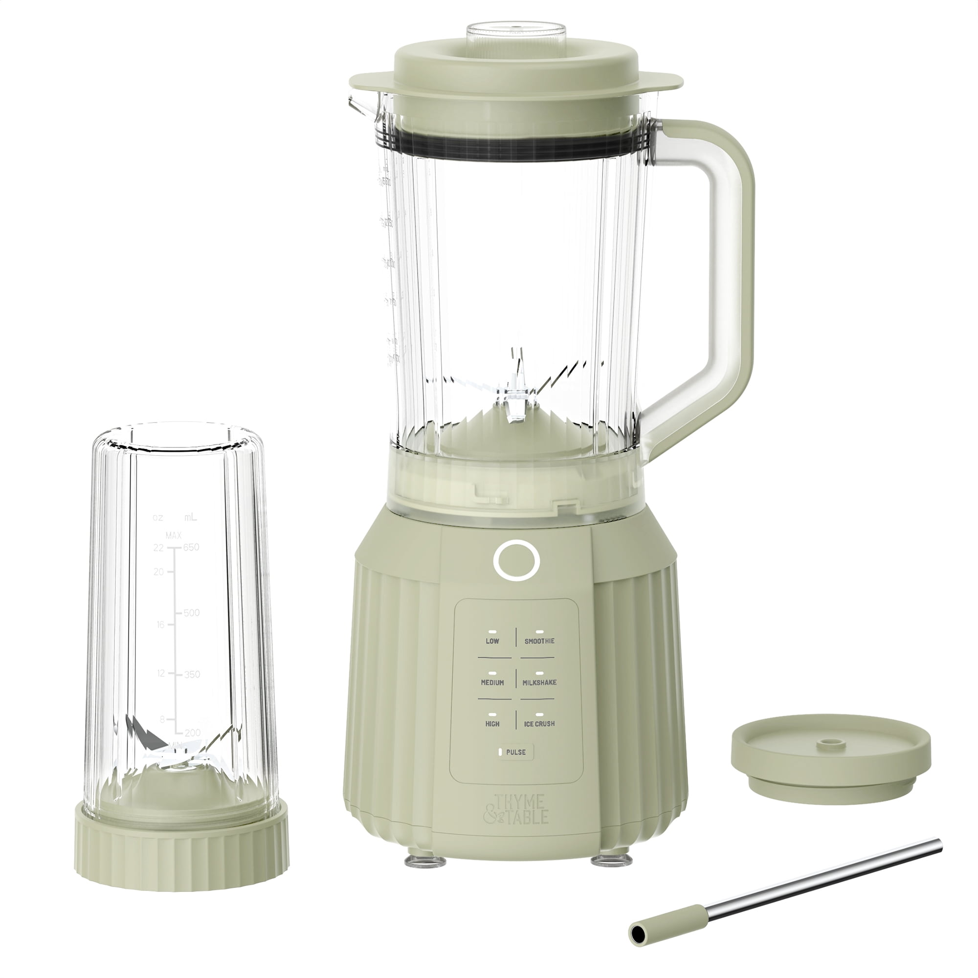 Thyme & Table Countertop Blender Duo, 1100W, 57oz Tritan Pitcher, 6-Point Stainless Steel Blade, 25oz To-Go Cup with Smart Seal™ Lid and Straw, Eucalyptus Green
