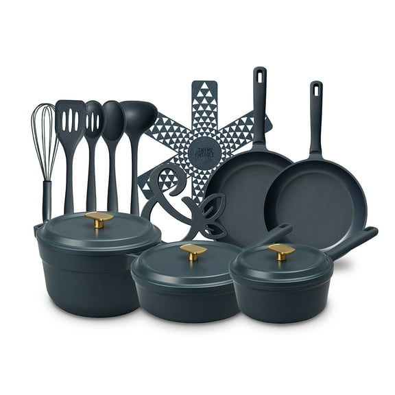 Thyme & Table 18-Piece Non-stick Diecast Cookware & Silicone Utensil Set, Pots and Pans Set - Atlantic Blue