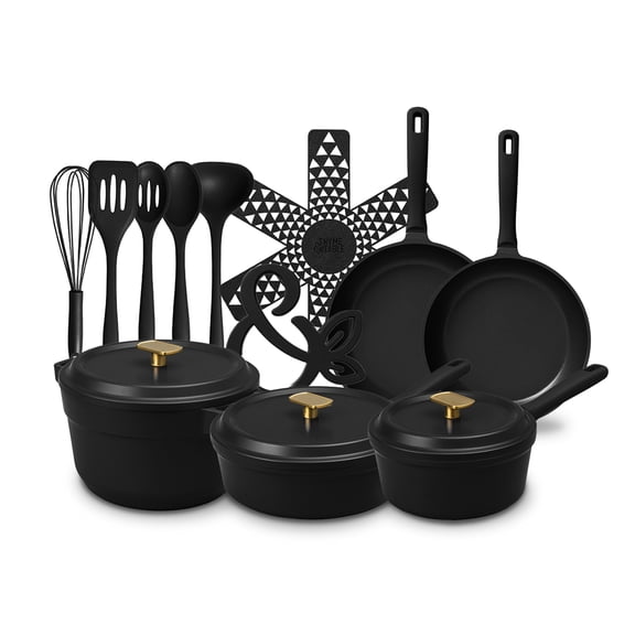 Thyme & Table 18-Piece Non-Stick Diecast Cookware & Silicone Utensil Set, Pots and Pans Set - Black