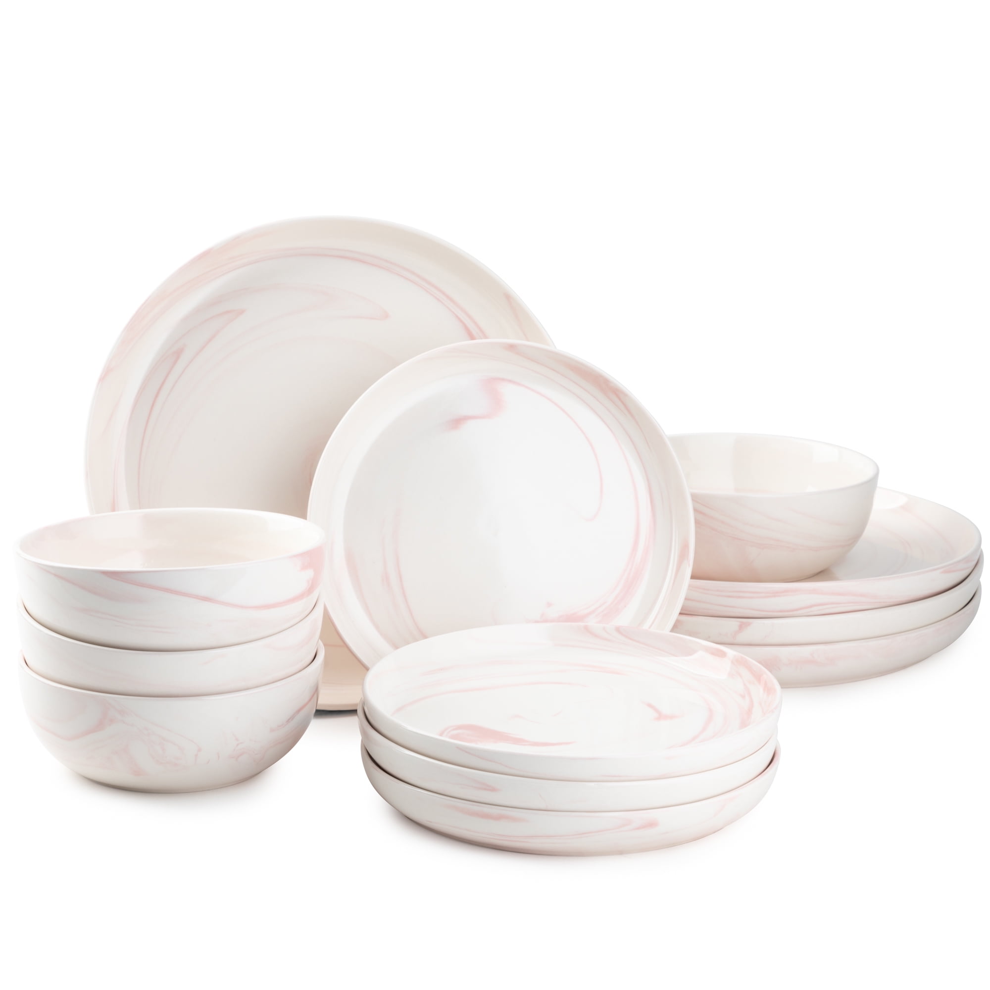 Pink Marble Ceramic 12-Piece Dinnerware Set for Four