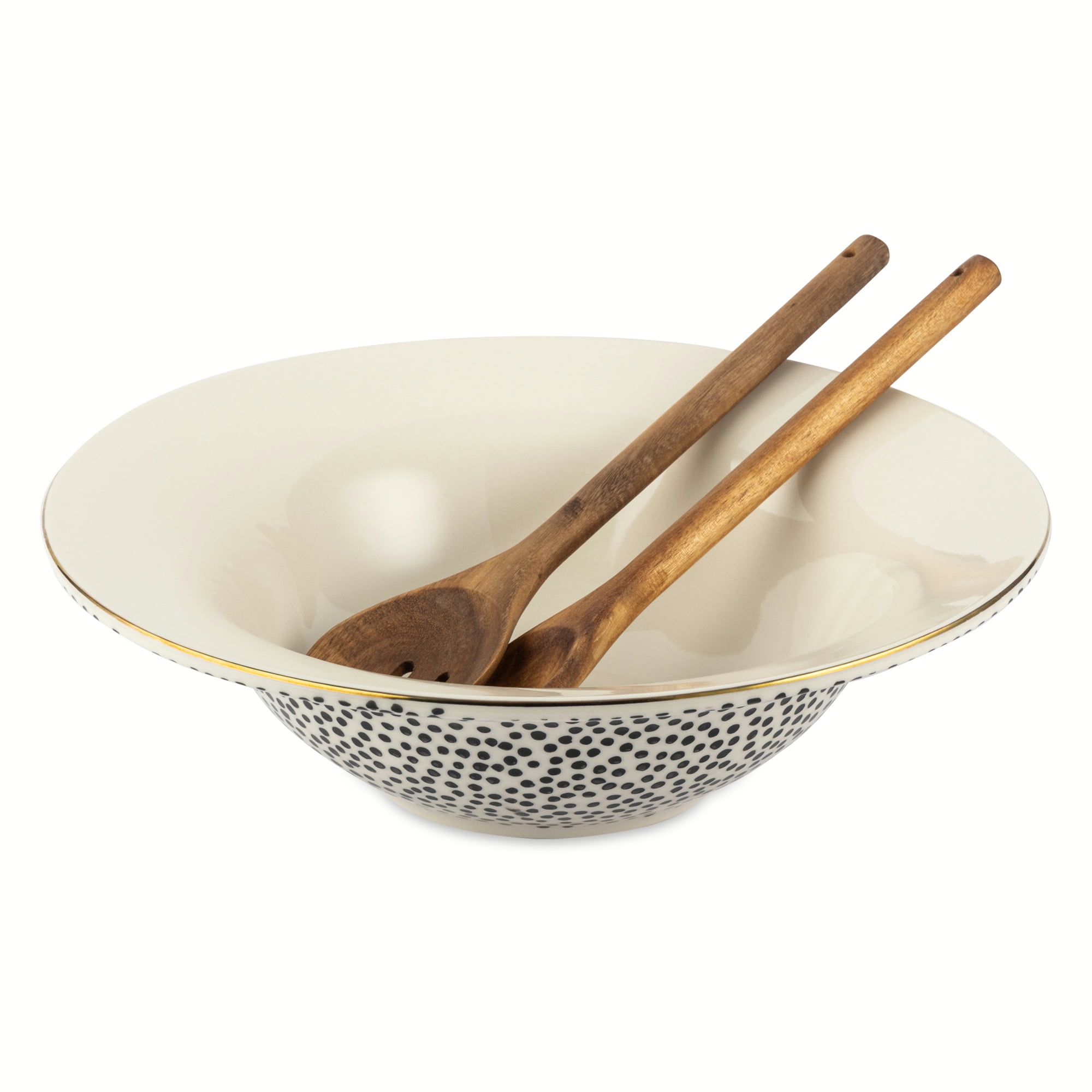 Thyme & Table Dot Ceramic 3-Piece Serve Bowl Black and White with Wood Serve Utensils - Walmart.com