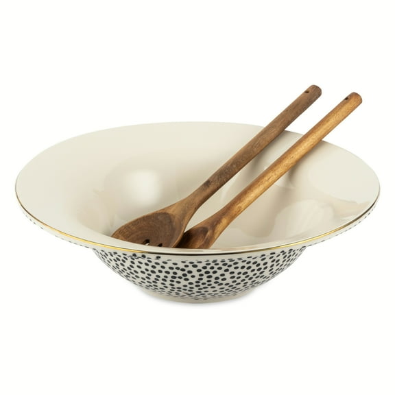 Thyme & Table Dot Ceramic 3-Piece Serve Bowl Black and White with Wood Serve Utensils