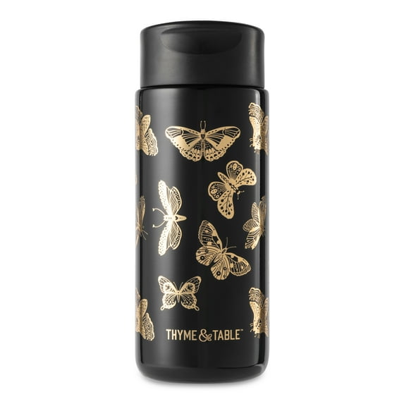 Thyme & Table 22 fl oz Stainless Steel Coffee Tumbler, Black & Gold Butterfly
