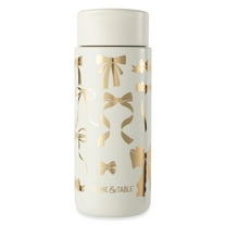Thyme & Table Double Wall Insulated Stainless Steel Coffee Tumbler, 22oz Travel Mug, Cream & Gold Bows