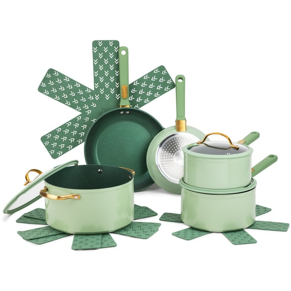 Thyme & Table 12-Piece Non-Stick Cookware Set, Pots and Pans Set - Green, Granite Collection