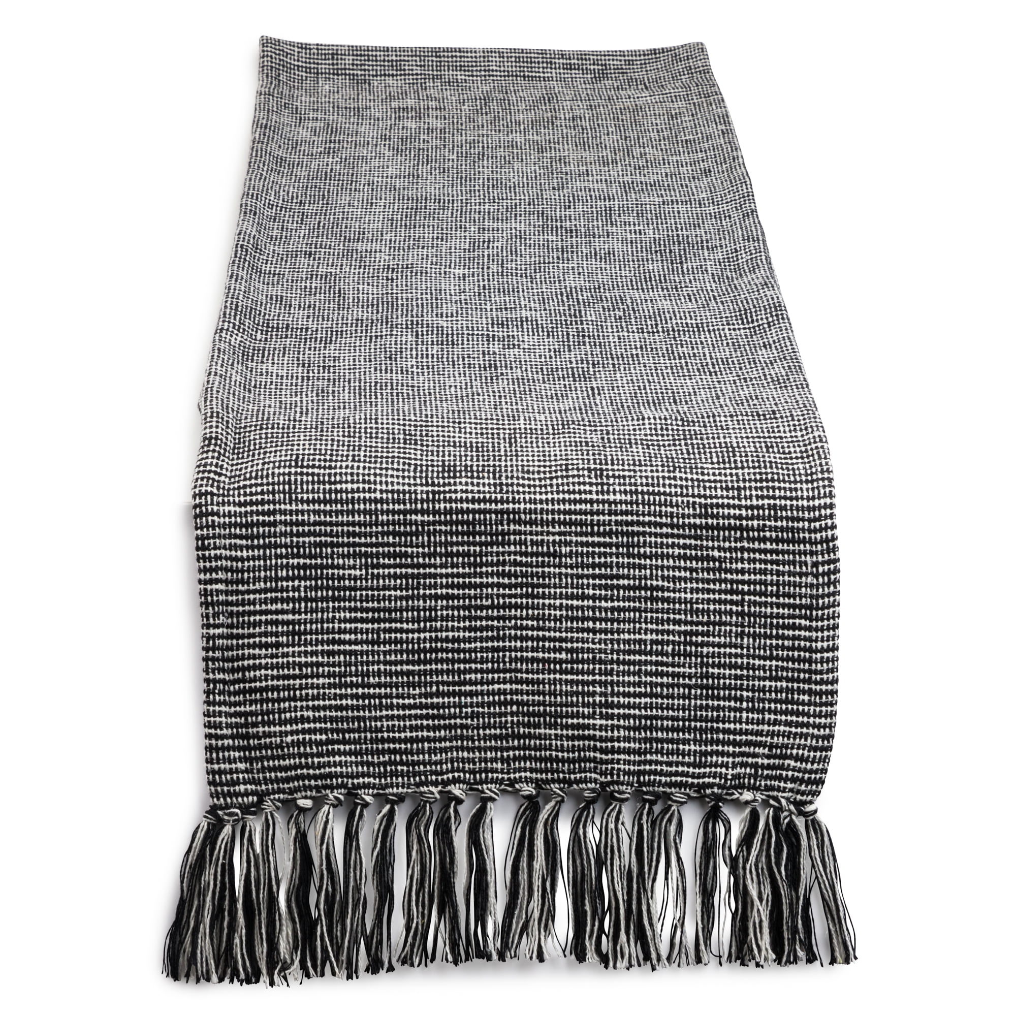 Black and White Handwoven Cotton Table Runner with Tassels, 14 x 72"