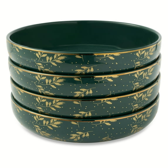 Thyme & Table Holiday Leaves 4-Pack Ceramic Low Bowl Set - Green