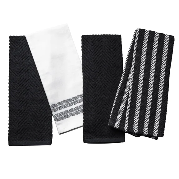 Thyme & Table Kitchen Towels, Black And White Triangle Pattern, 4 Pack Set