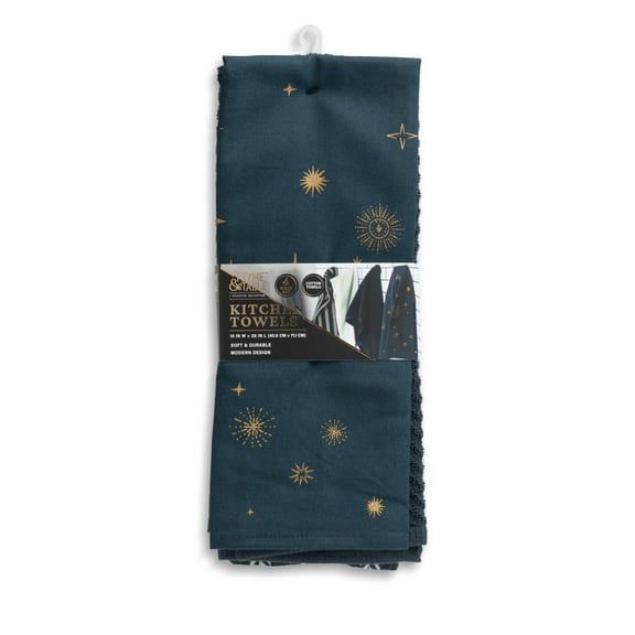 Thyme & Table Kitchen Towels, Navy Celestial, 4 Pack Set